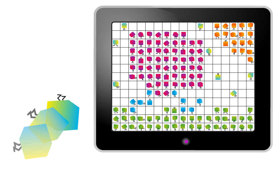 Verschiedene Codies als Pixel auf und neben einem Tablet.