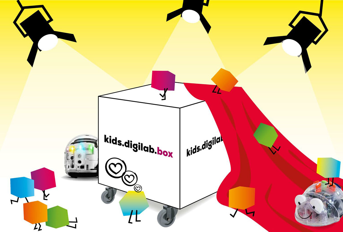 Illustration der kids.digilab.box im Scheinwerferlicht.